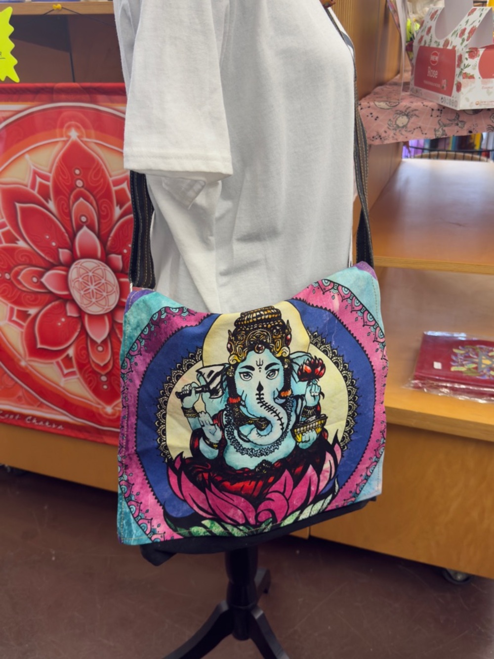 Colorful Ganesha Canvas Crossbody Bag - Turquoise Pink